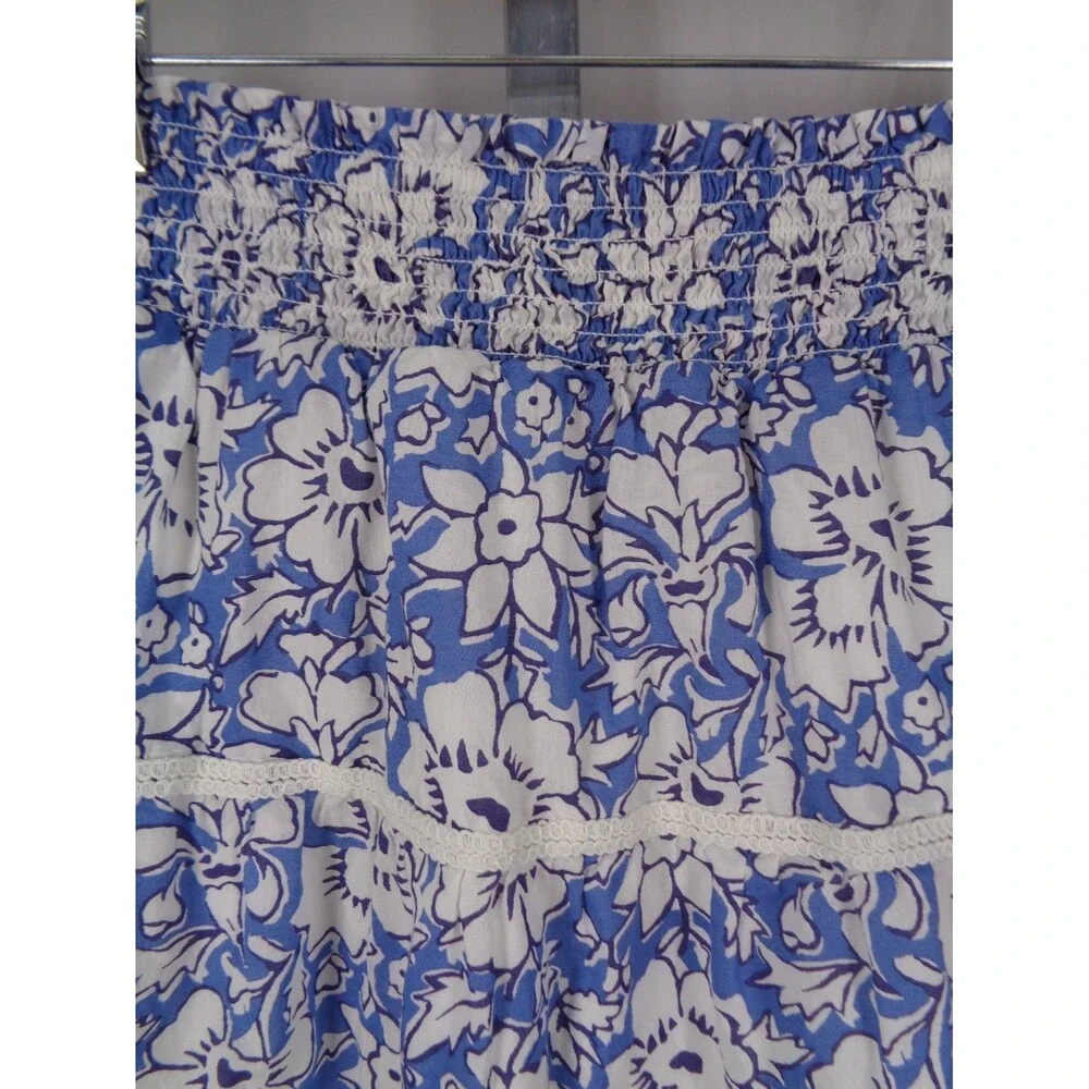 J Crew Blue Floral Tiered Mini Skirt Sz Medium Boho Prairie Cottagecore Smocked